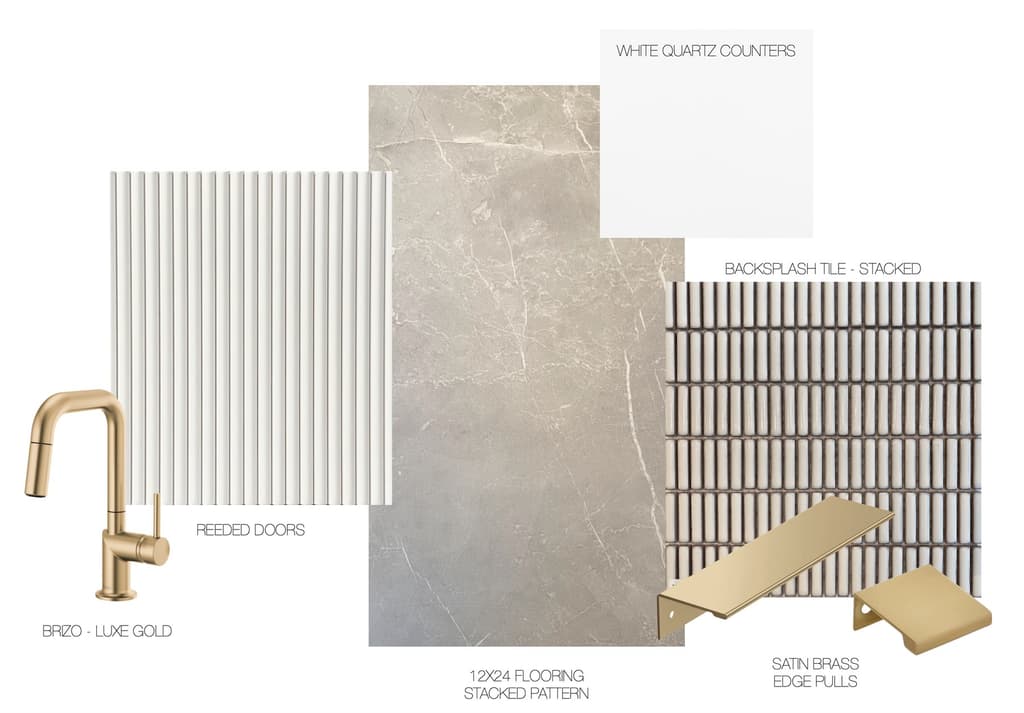 Ellie Mroz Design material selections for a New Jersey kitchen, showing reeded cabinet doors, a veined stone slab, white quartz counters, a stacked backsplash tile and a brass faucet