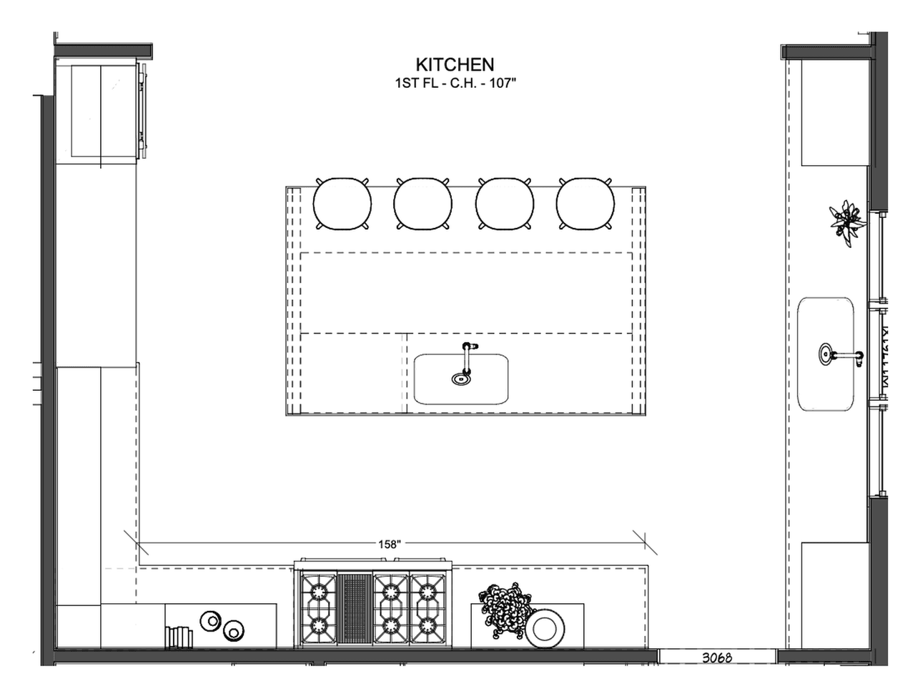 Floor plan for the Summit kitchen with island and perimeter cabinetry.