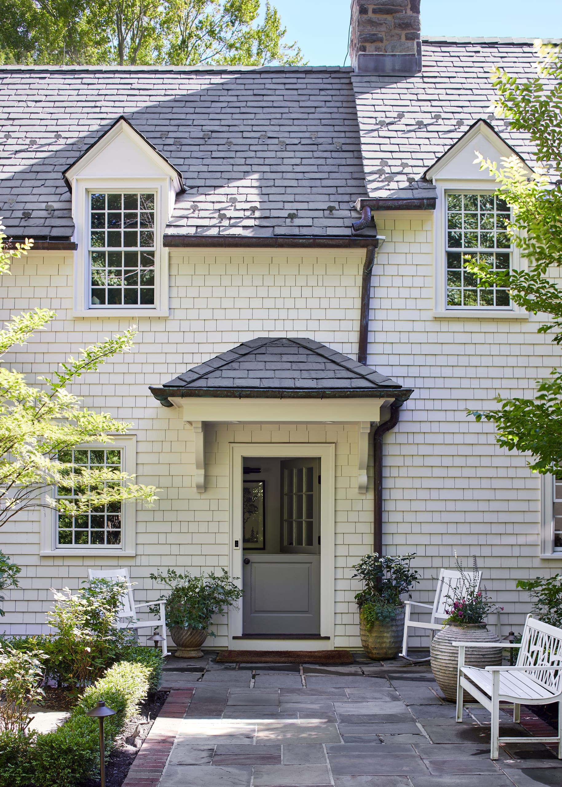 Shingled entry of a whole-home renovation in Westfield, NJ, by Michael Robert Construction