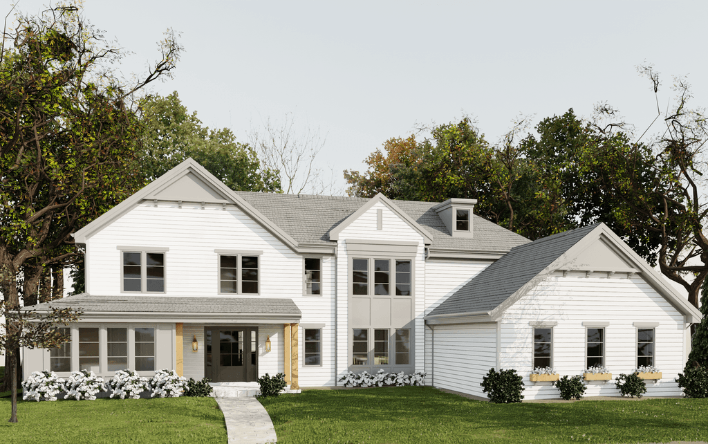 Architectural rendering of the same Westfield, NJ elevation raised to two storeys as a white modern farmhouse, with a gabled left wing, a porch roof over the entry and a tall gabled wing to the right